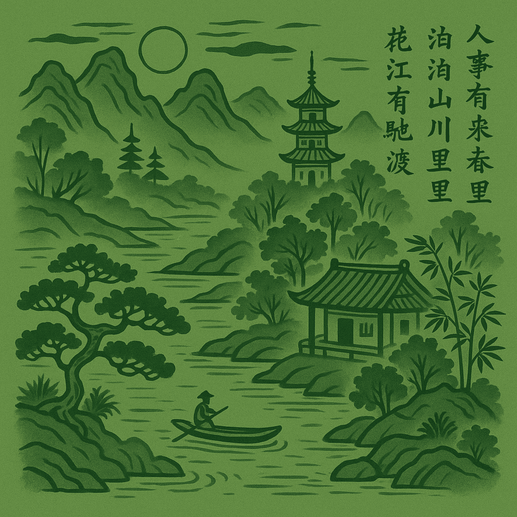 Ancient Chinese landscape painting with poetry inscription